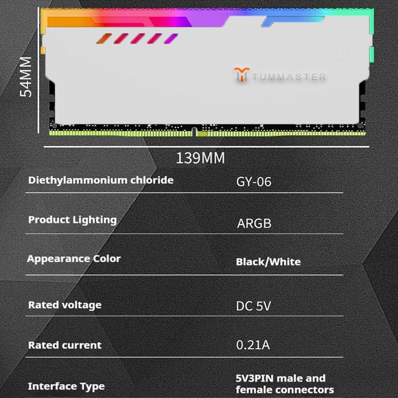 TUMMASTER 5V 3PIN RAM Heatsink Memory Cooler for DIY PC Game MOD DDR3 DDR4 DDR5(Compatible with ASUS Aura Sync,GIGABYTE RGB Fusion and MSI Mystic Light Sync（Memory not Included） (RH-GY-06-W) - Image 4